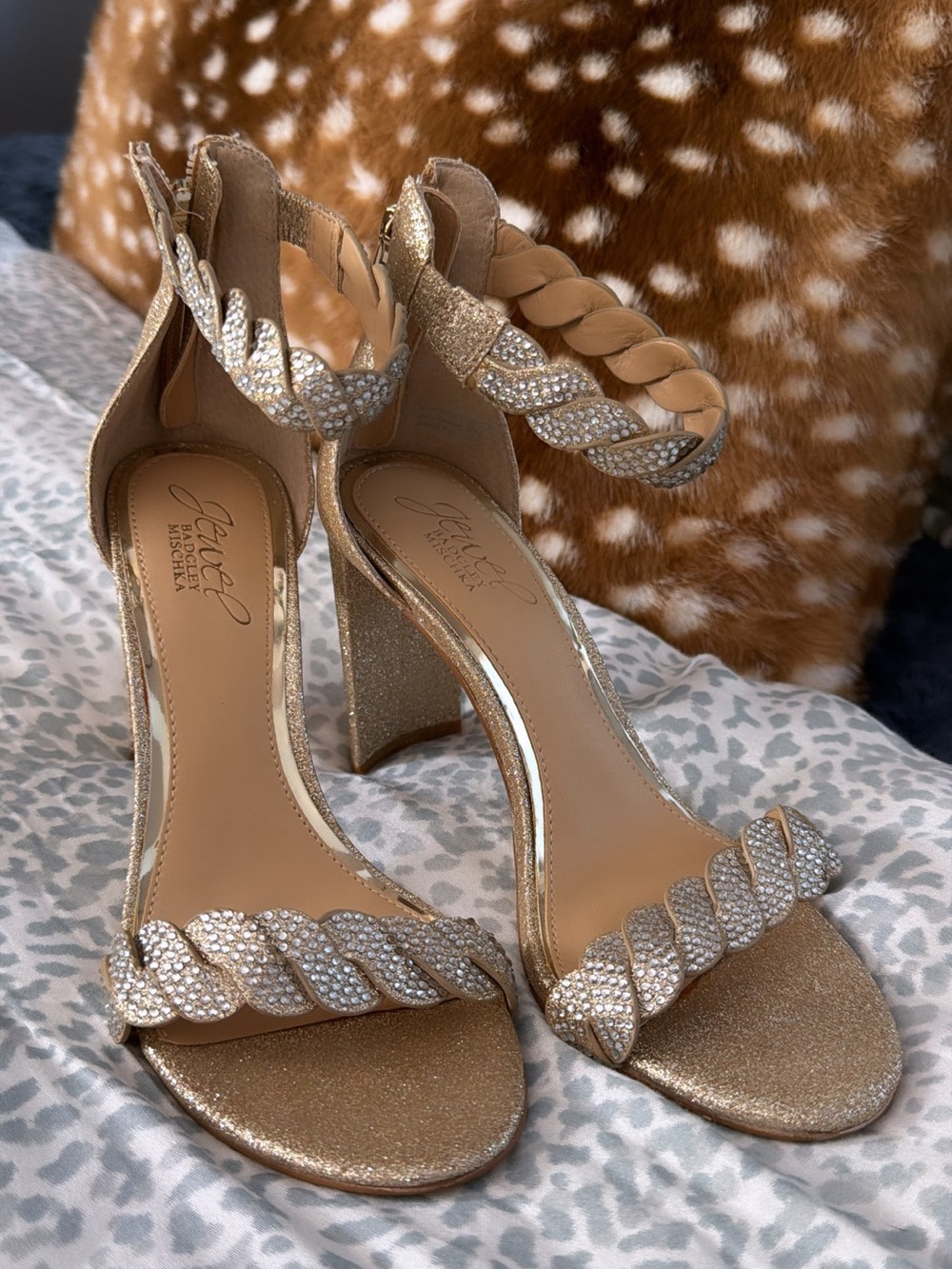 Badgley Mischka Gold Braided Crystal Ankle-Strap Heels new without tag